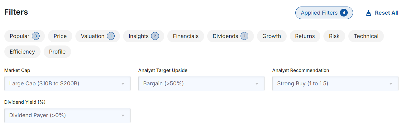 Filters on Investing/com Screener